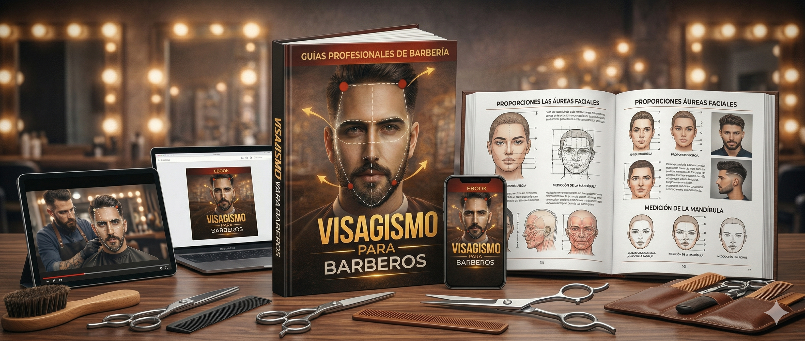 Mockup completo de La Guía de Visagismo para Barberos